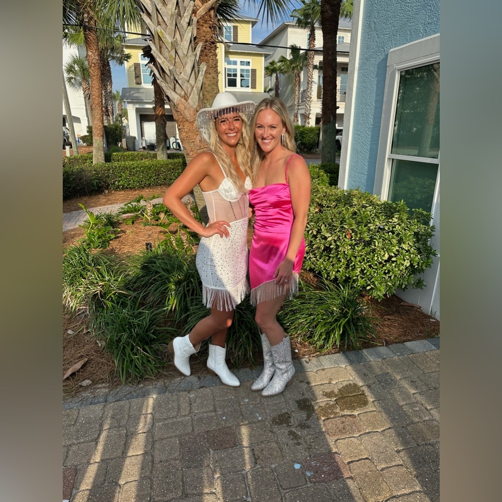 Better Be Pink “Nash VegaS” Satin silver fringe dress